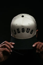 Jesus Curved 5 Panel Hat in Natural/Black