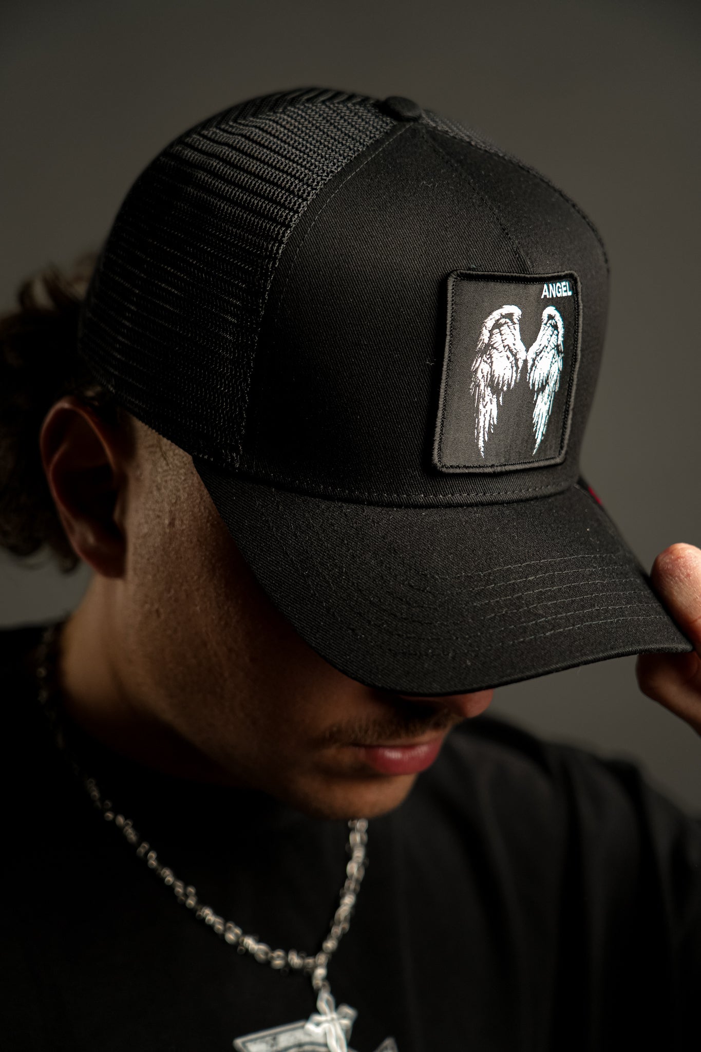 Angel 5 Panel Patch Hat in Black