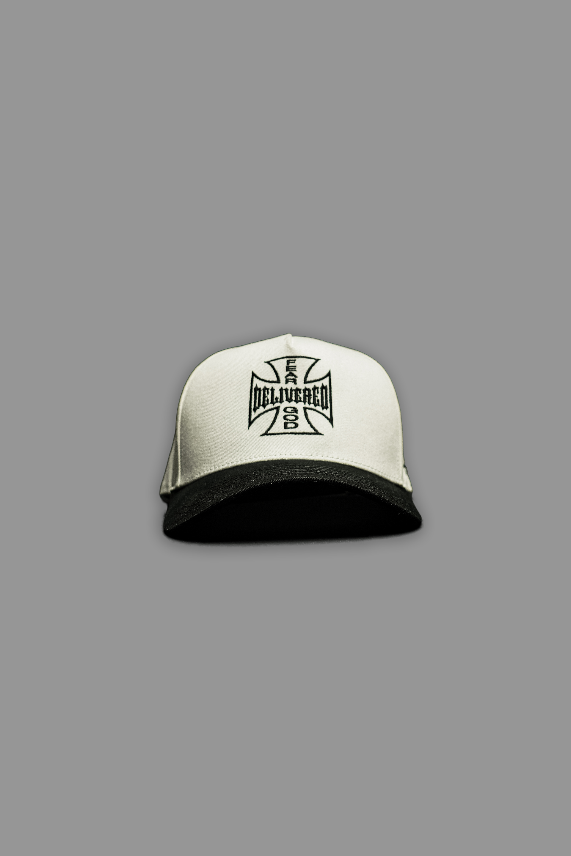 Delivered 5 Panel Hat in White/Black