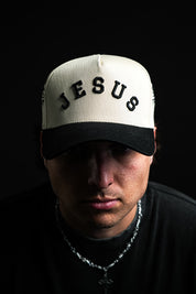 Jesus 5 Panel Hat in Cream/Black